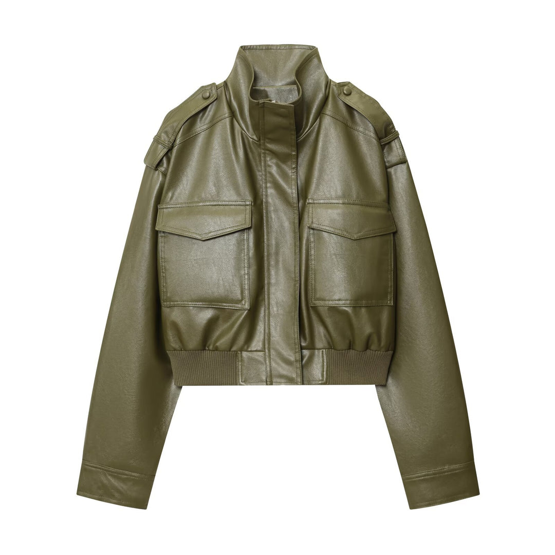 Cropped biker jacket for women with shoulder pads and large pockets Lune London