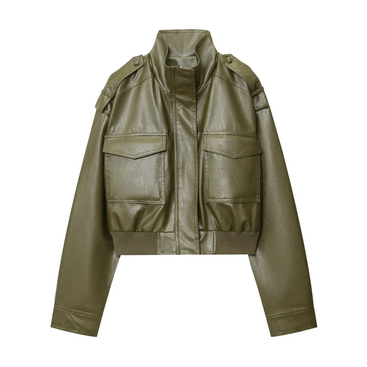 Cropped biker jacket for women with shoulder pads and large pockets Lune London