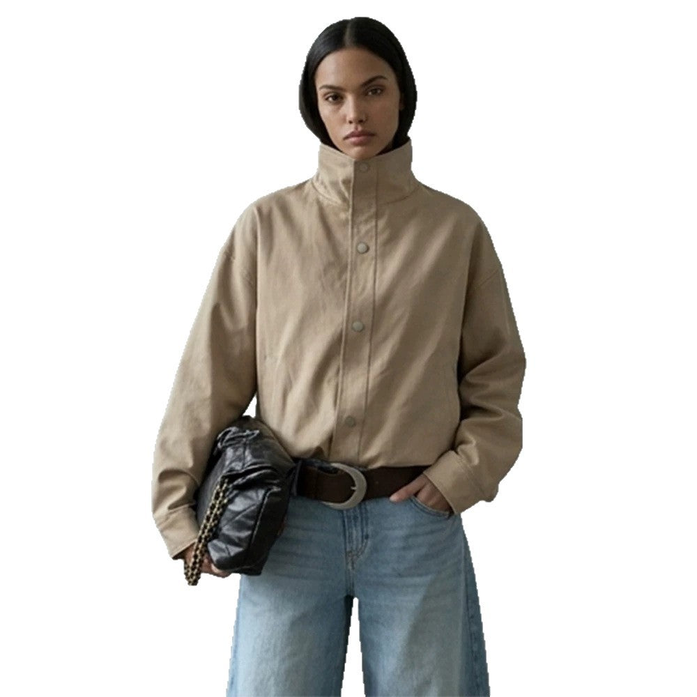 Women Short Boxy Canvas Jacket with High Stand-Up Collar and Snap Button Placket Amarae
