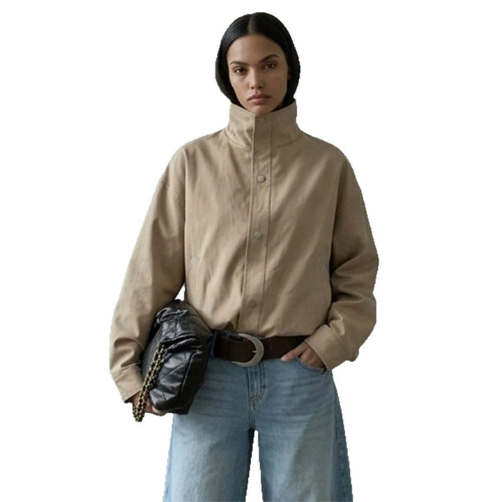 Women Short Boxy Canvas Jacket with High Stand-Up Collar and Snap Button Placket Amarae