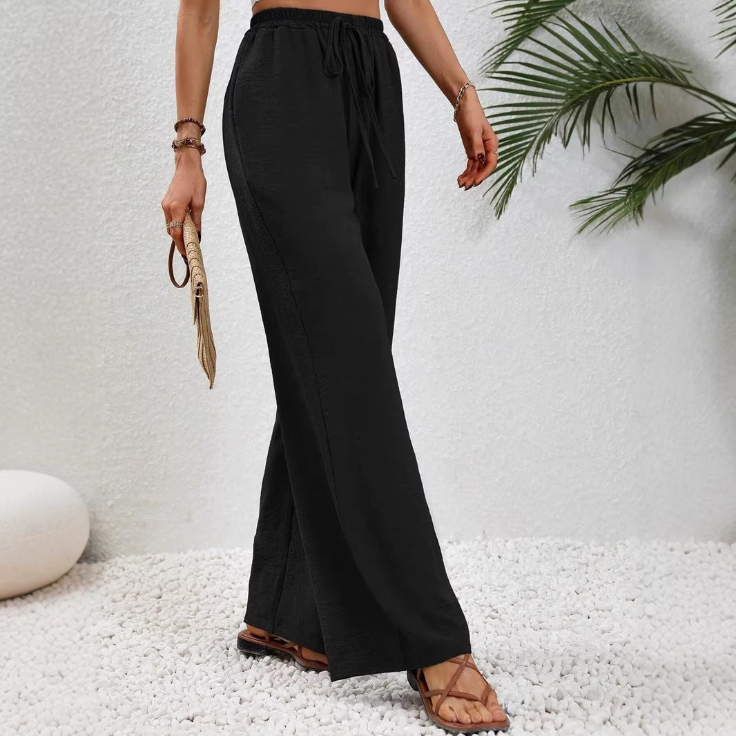Women's Light Palazzo Pants with Elastic Waistband, Drawstring, and Side Pockets Amarae