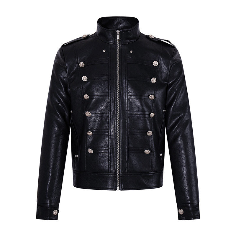 Men's military-inspired faux leather jacket with stand-up collar, decorative button row and shoulder pads Amarae