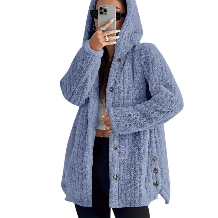 Lady long cozy jacket with long sleeves, hood, and button trim Lune London