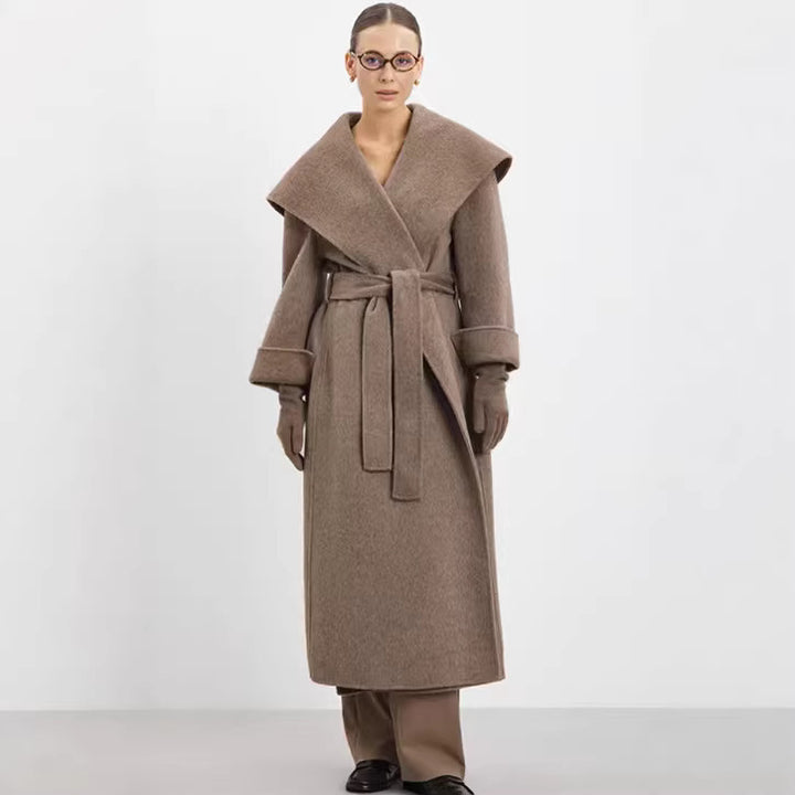 Ladies Maxi Coat with Oversized Shawl Collar, Wrap Belt and Rolled-Up Cuffs Amarae