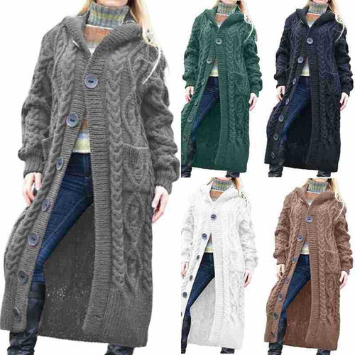 Amarae | Women’s Long Knitted Coat with Hood and Classic Cable Design