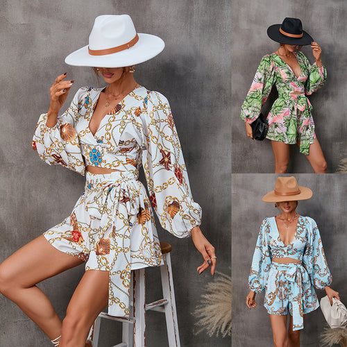 Women’s crop-top and shorts set with voluminous sleeves and a unique pattern Amarae