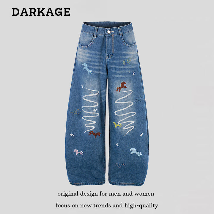 Ladies Wide High-Waist Palazzo Pants made of Denim with Horse Embroidery and Culotte Cut Amarae