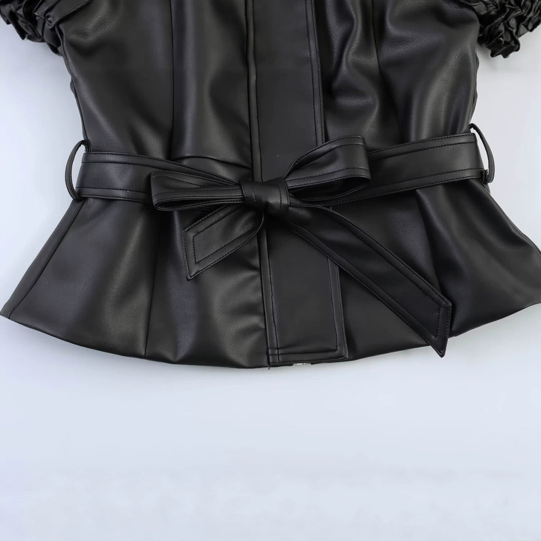 Women's Tailored Vegan Leather Wrap Jacket with Tunnel Drawstring Belt and Oversized Sleeves Amarae