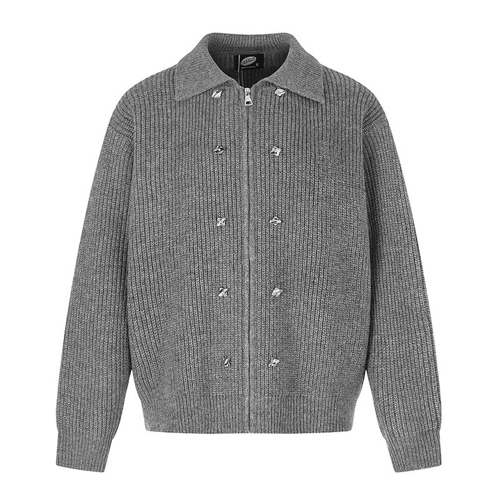 Women's chunky knit zip jacket with shirt collar and decorative buttons Amarae
