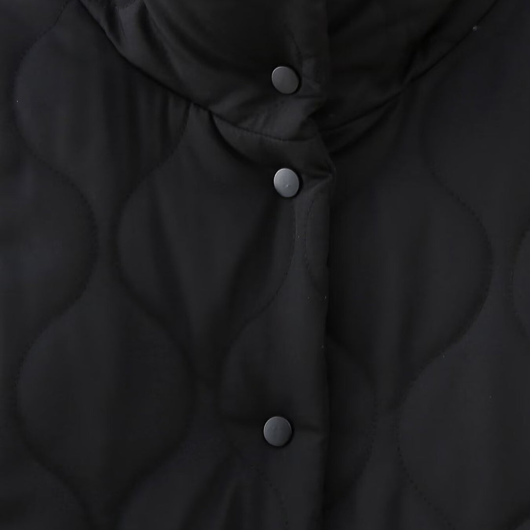 Women's short quilted jacket with high stand-up collar and ruffle pockets Amarae