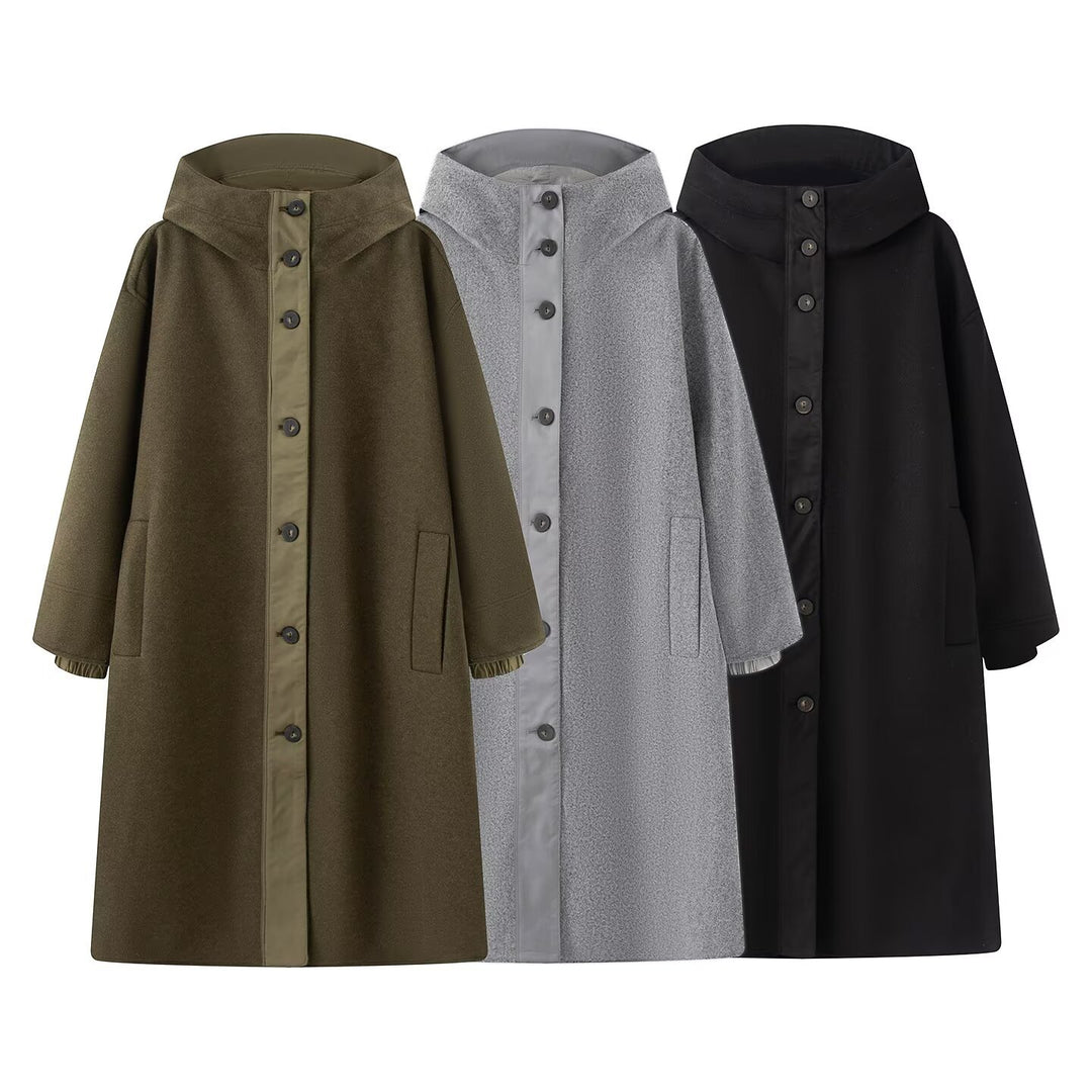 Ladies Oversized Coat with High Stand-up Collar and Continuous Button Placket Amarae