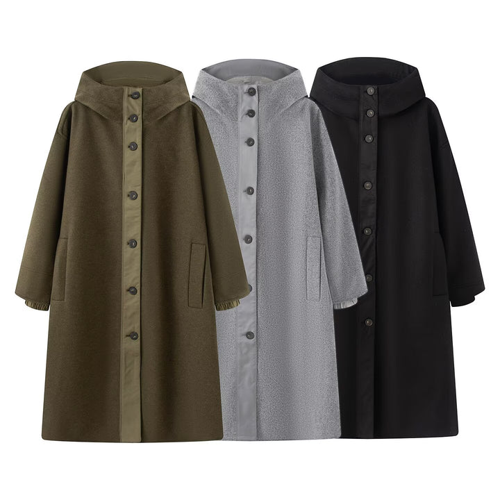 Ladies Oversized Coat with High Stand-up Collar and Continuous Button Placket Amarae