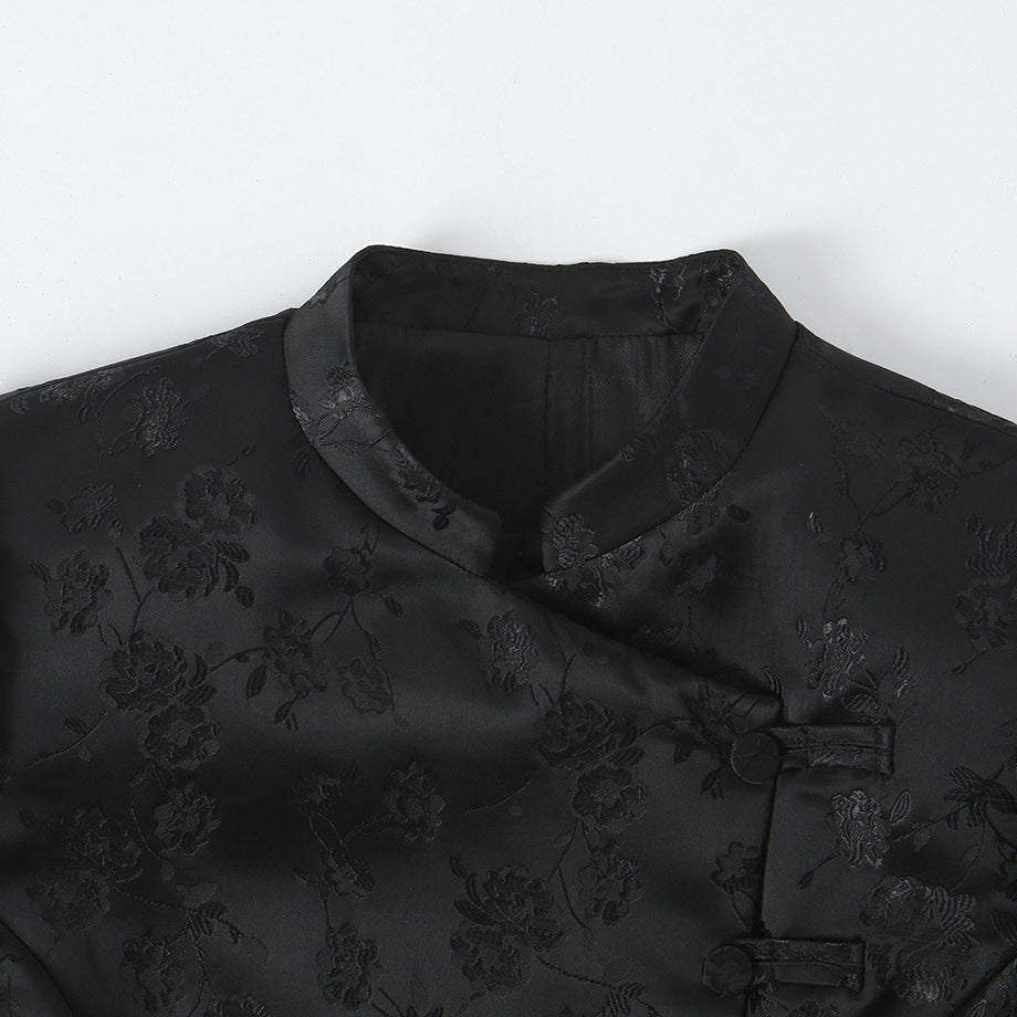 Women's Tailored Jacquard Blazer Jacket with Mandarin Collar and Decorative Knot Closure Amarae
