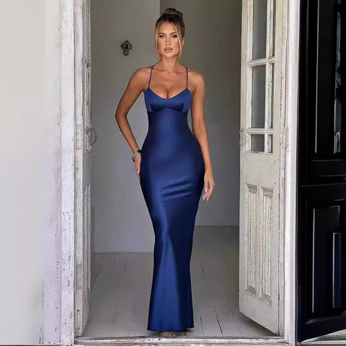 Ladies Elegant Satin Maxi Dress with Deep V-Neck and Slim Fit