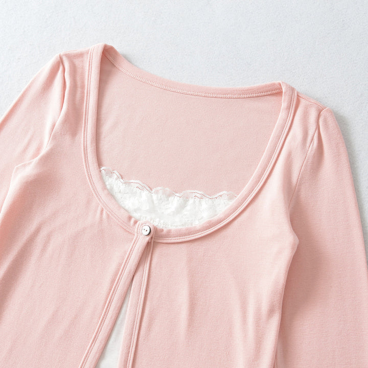 Women's layered cardigan with integrated lace cami and single-button closure Amarae