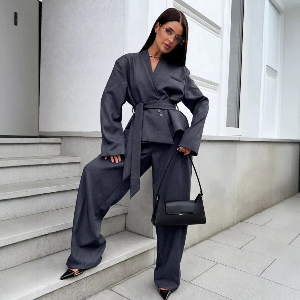 Women's Elegant Wrap Blazer Set with Waist Belt and Wide Pleated Trousers Amarae