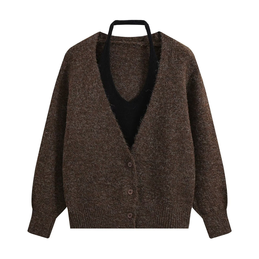 Ladies Oversize Knit Cardigan with Deep V-neck and Wide Ribbed Cuffs Amarae