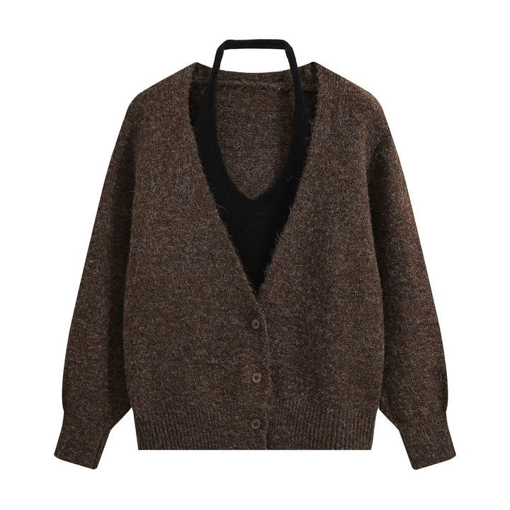 Ladies Oversize Knit Cardigan with Deep V-neck and Wide Ribbed Cuffs Amarae