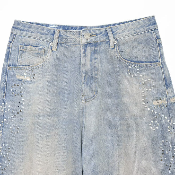 Women's jeans with a high waist, wide leg, rhinestone trim, and destroyed details Amarae
