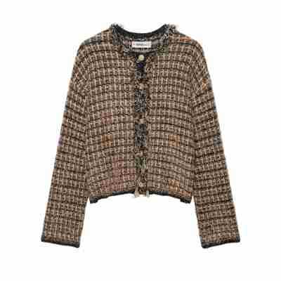 Women's Boucle-Tweed Cropped Jacket with Fringe Trim and Round Neck