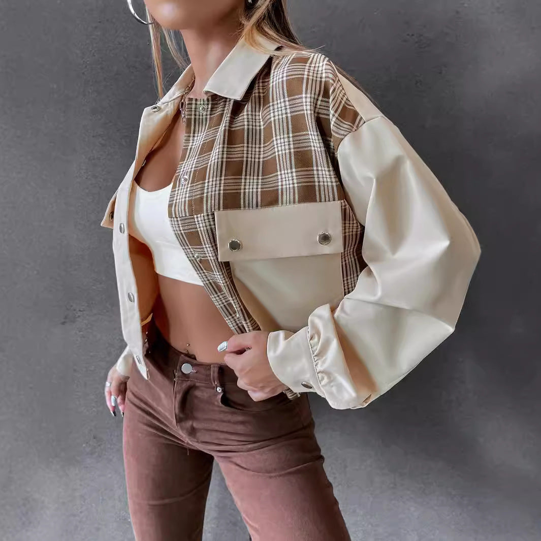 Lune London women's cropped utility jacket with plaid sleeves and classic snap buttons