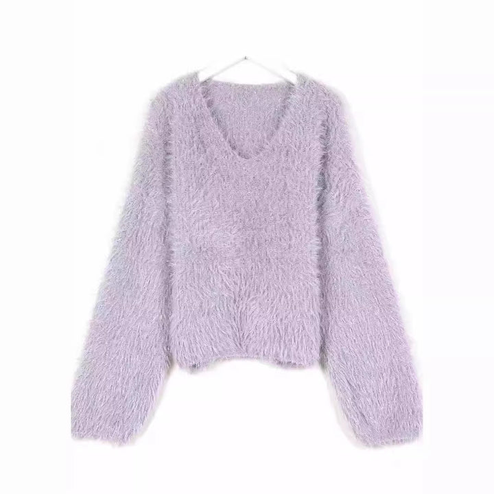 Pull féminin en V peluche avec manches longues et fils scintillants Chic & Stil