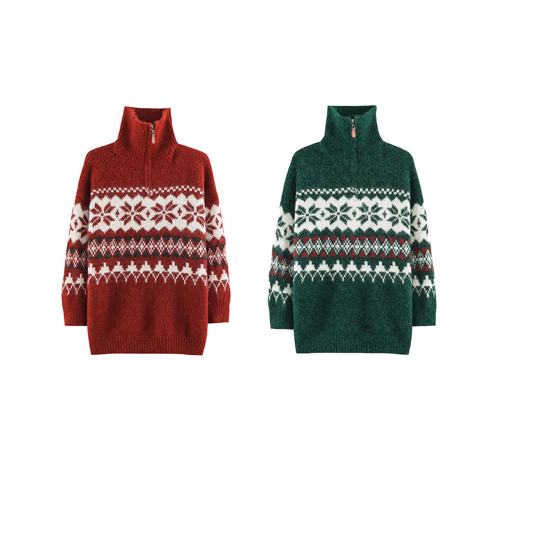 Women's Norwegian Pattern Knit Sweater with Half Zipper and Stand-up Collar Amarae