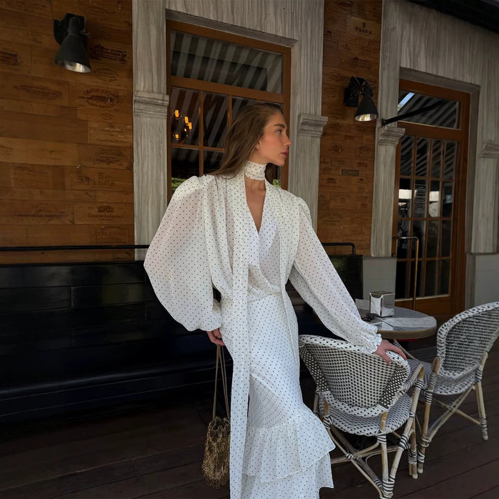 Women's Maxi Dress in Chiffon with Wrap Top, Bow and Tiered Ruffle Skirt Amarae