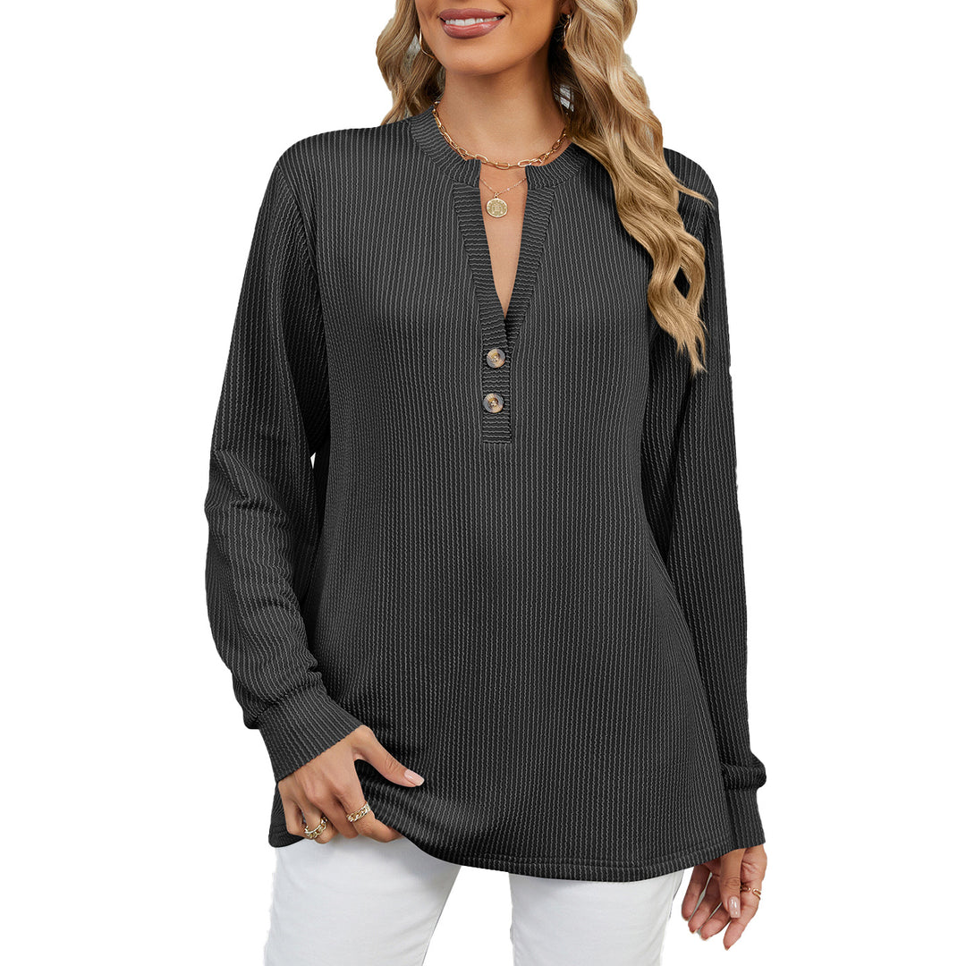 Long sleeve women's t-shirt with a trendy Henley neckline and structured ribbed texture Lune London