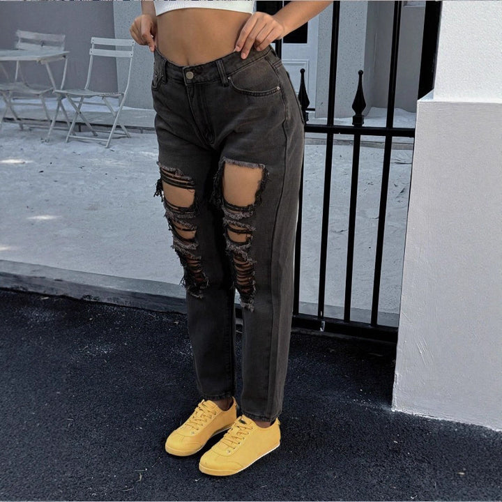 Ladies high-waisted ripped mom jeans with multiple knee cutouts and relaxed straight cut Amarae