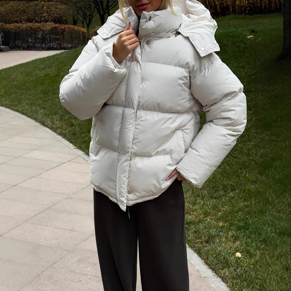 Ladies Short Windproof Quilted Puffer Jacket with Removable Hood and High Stand Collar Amarae
