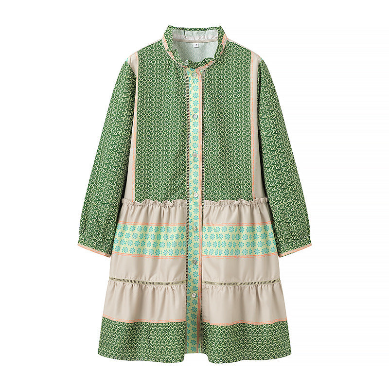 Ladies Printed Midi-Length Coat Dress with Ruffle Collar and Tiered Skirt Amarae