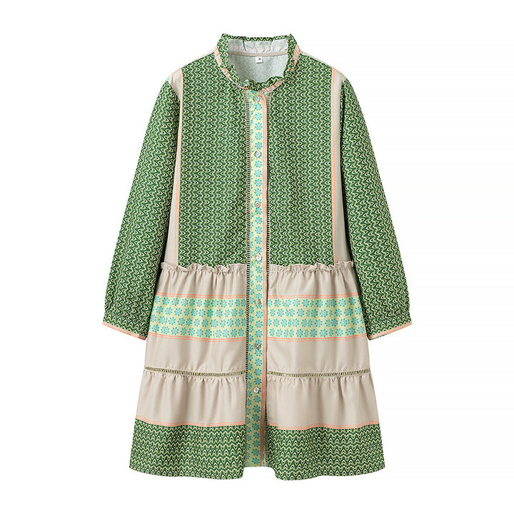 Ladies Printed Midi-Length Coat Dress with Ruffle Collar and Tiered Skirt Amarae