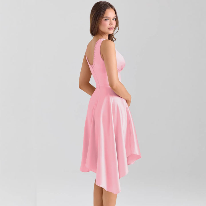 Women Playful Evening Dress with Asymmetrical Hem and Delicate Button Details Lune London