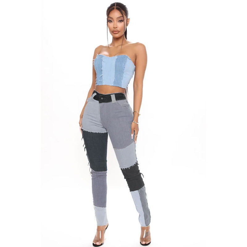 Fashionable denim pants for women with chic patchwork design.