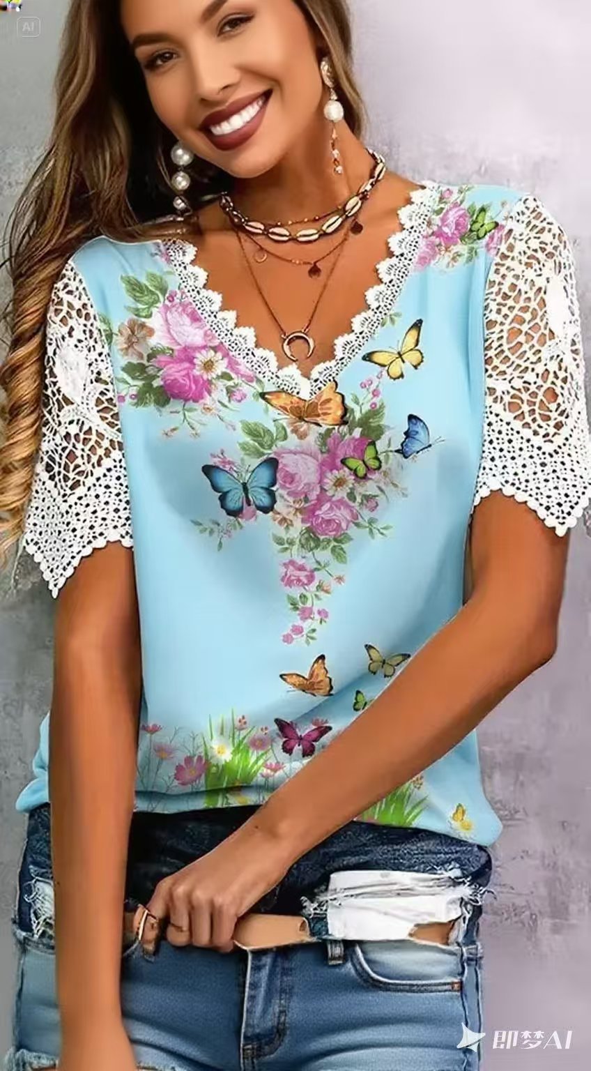 Women's blouse with floral lace and playful butterfly print Lune London