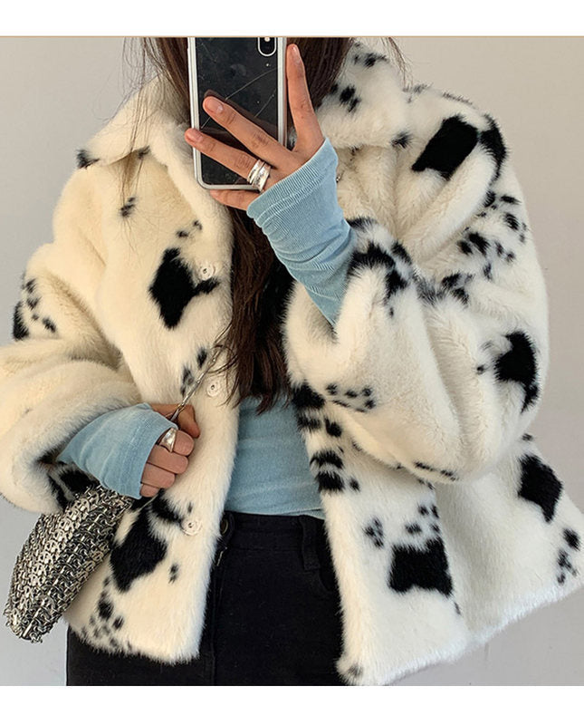Comfortable plush jacket for women with cow pattern Lune London