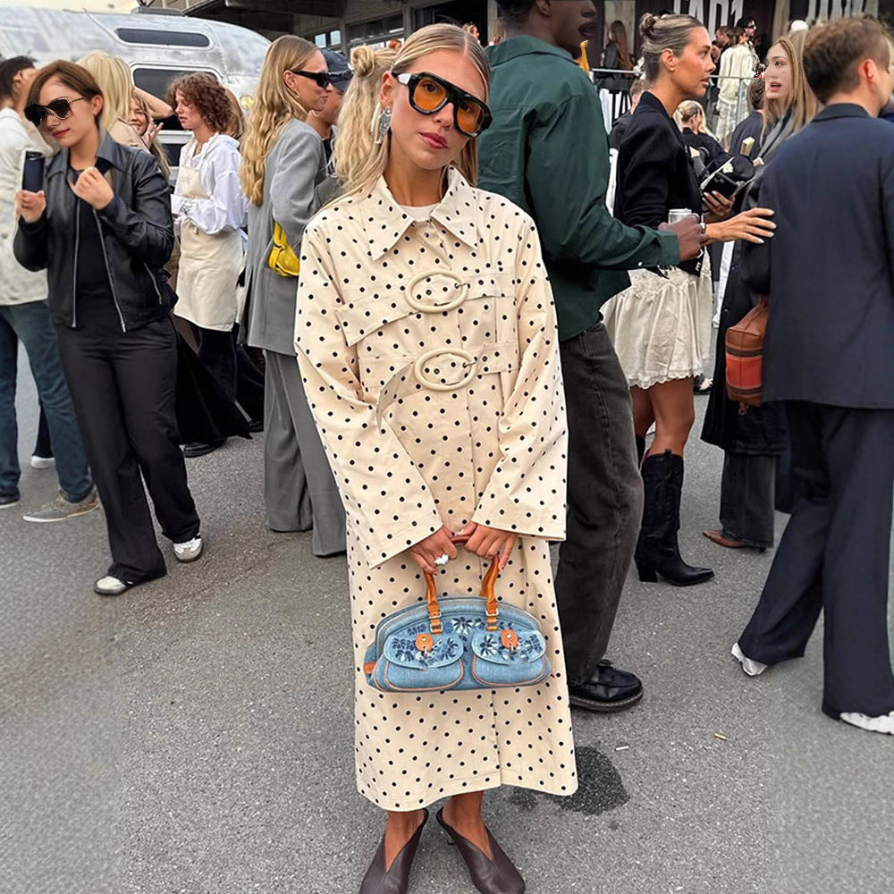 Women's long cut polka dot trench coat with oversized embellishments and boxy cut Amarae