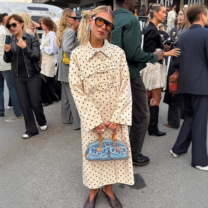 Women's long cut polka dot trench coat with oversized embellishments and boxy cut Amarae