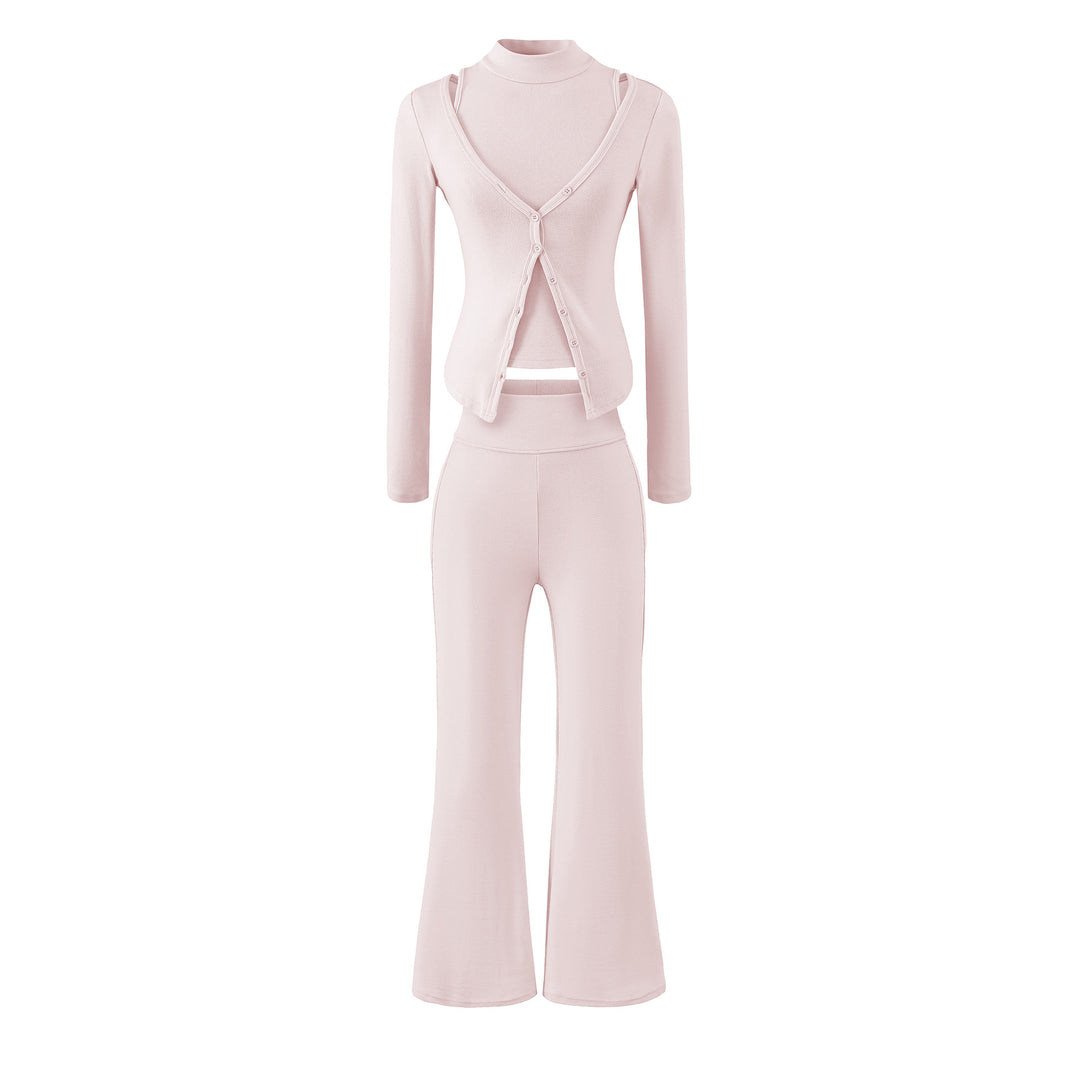 Women Figure-Hugging Layering Set with Turtleneck Long Sleeve and Asymmetrical Button Jacket and Flared High-Waist Pants Amarae