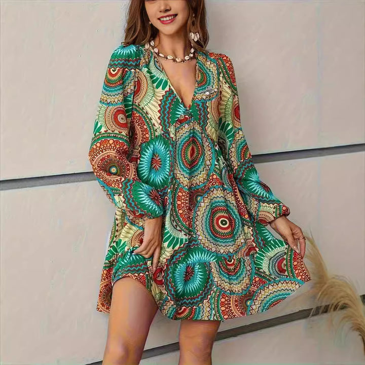 Ladies Slim Playful Dress with Colorful Pattern and Chic Buttons and Style