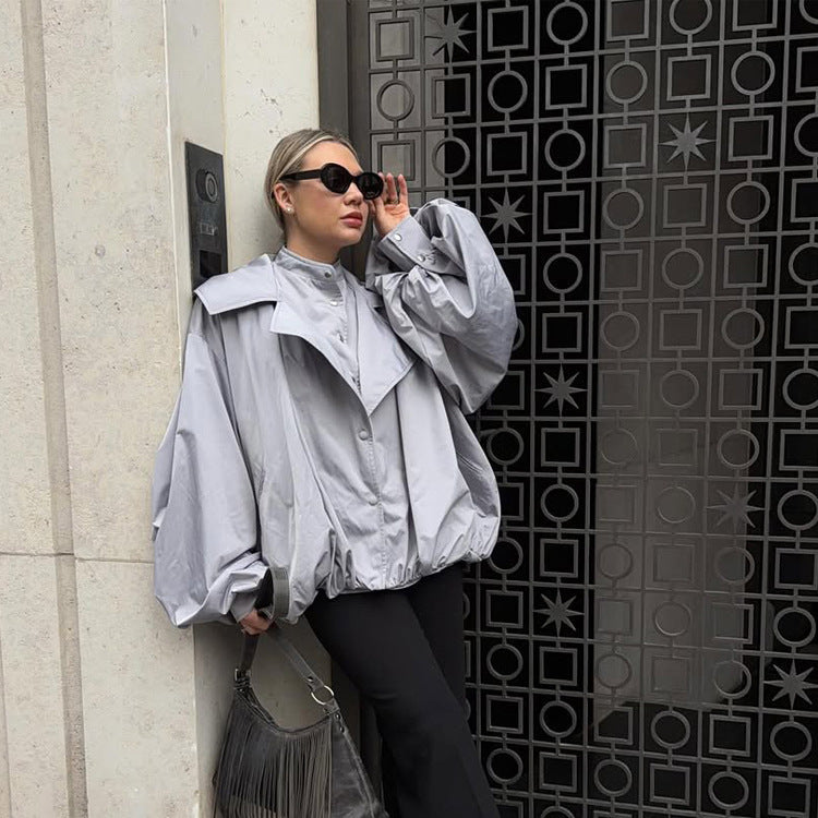 Women's Oversized Short Jacket with Wide Volume Sleeves and Drawcord Hem Amarae