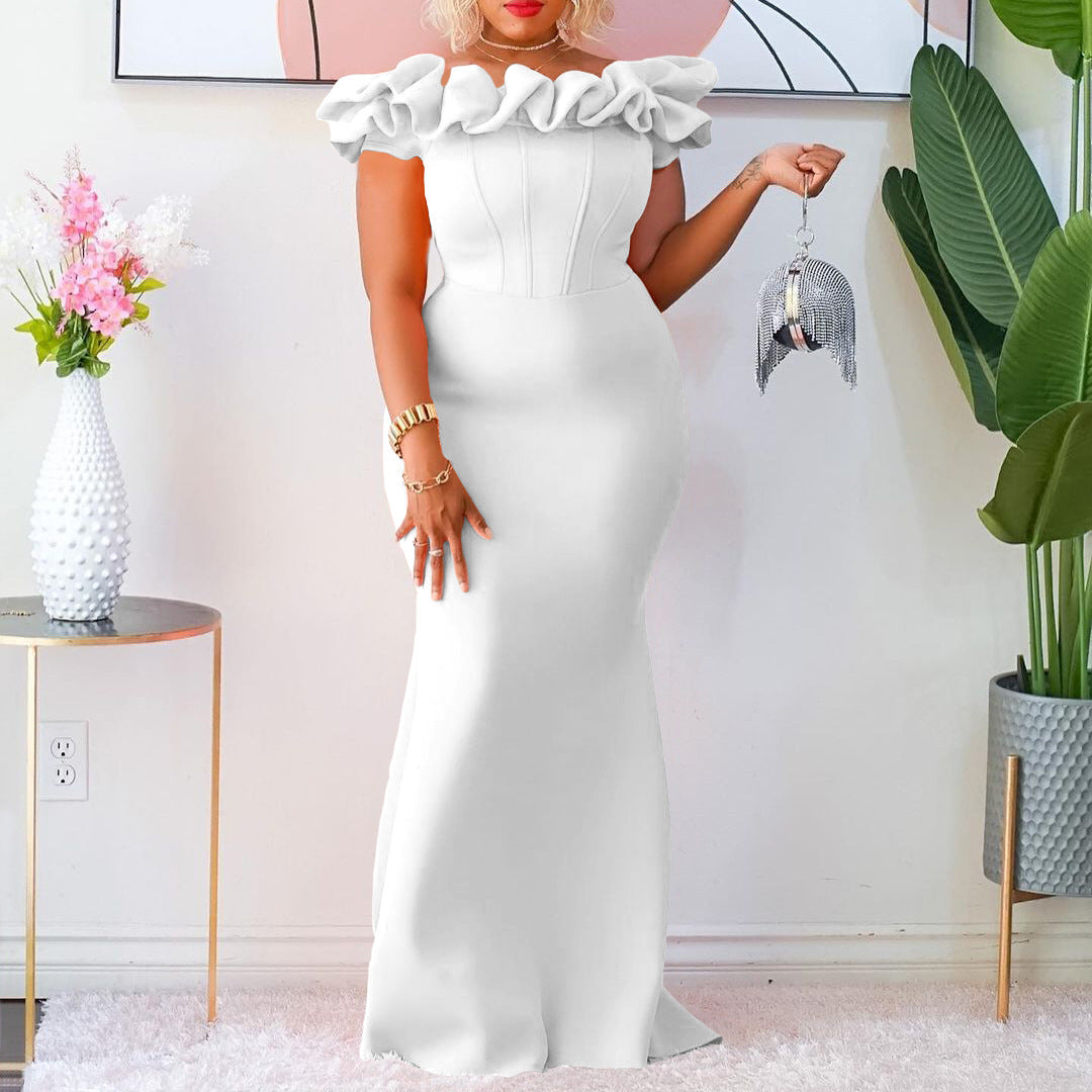 Fitted evening dress for women with voluminous ruffle collar Lune London