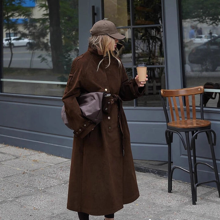 Women's Maxi Length Trench Coat in Velour Look with Double-Breasted Button Placket and Oversized Cut Amarae