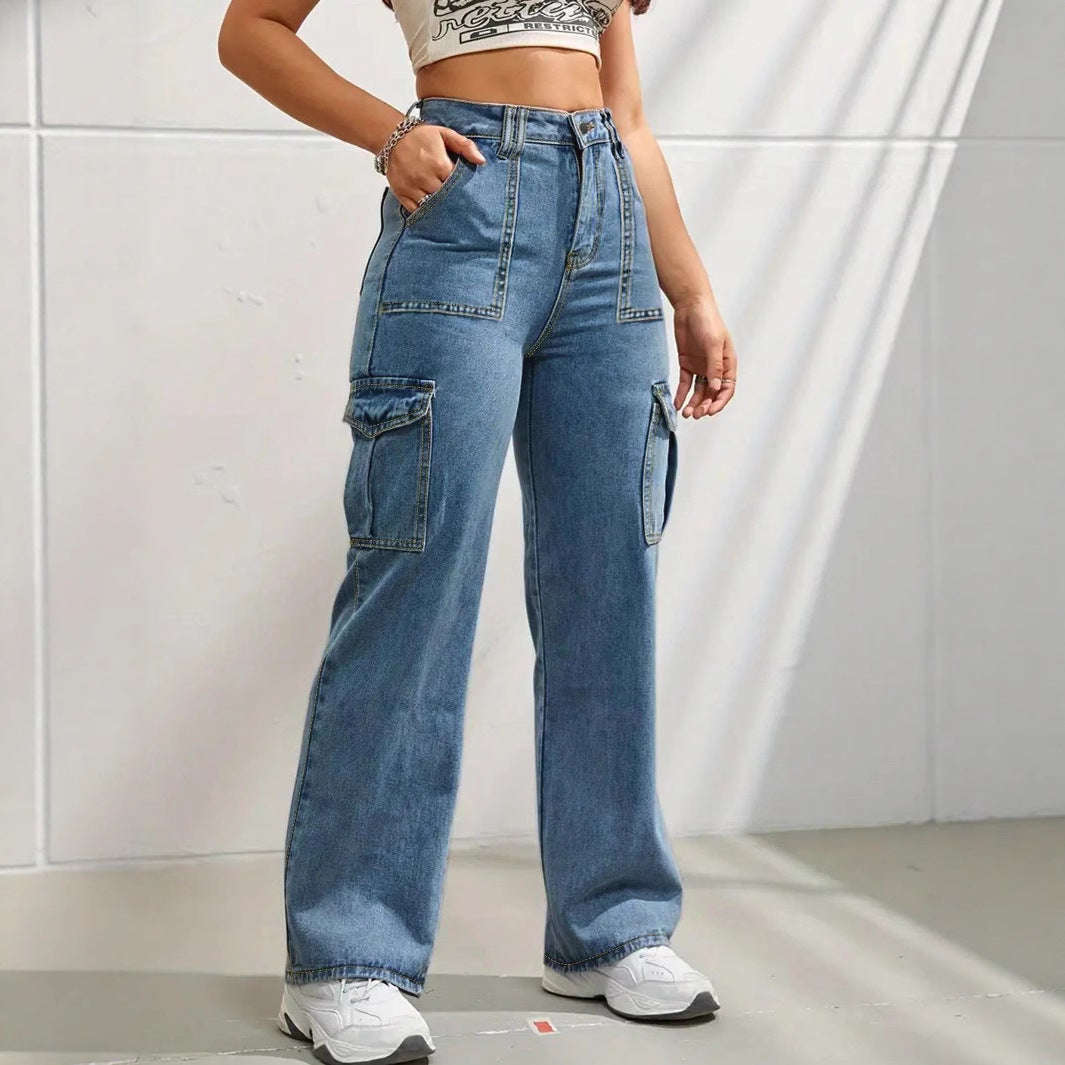 Women high-waisted wide cargo jeans with patch pockets and straight leg Amarae