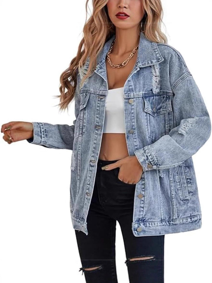 Veste en jean surdimensionnée pour femmes avec des détails déchirés à la mode Chic & Stil