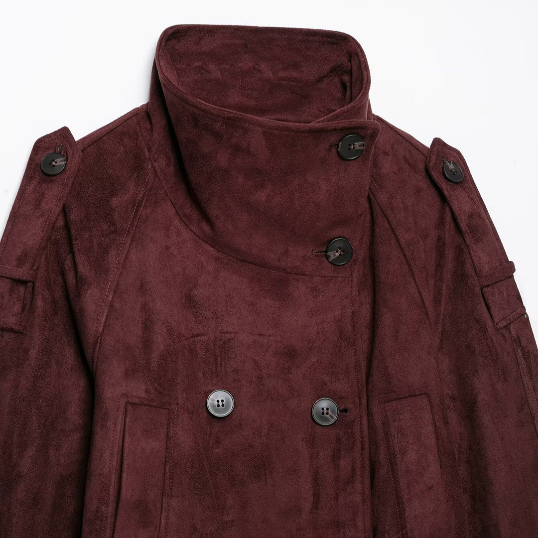 Women's short trench coat in suede look with high stand-up collar and tie belt Amarae