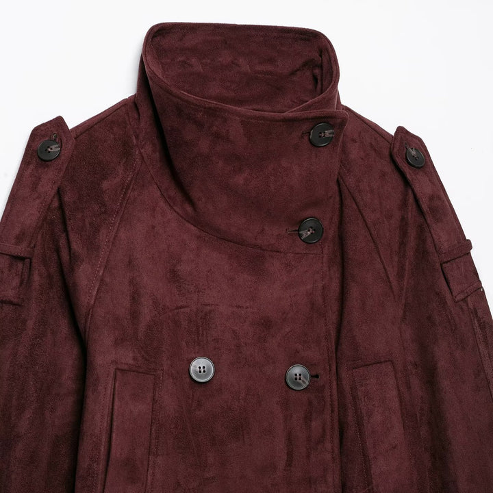 Women's short trench coat in suede look with high stand-up collar and tie belt Amarae