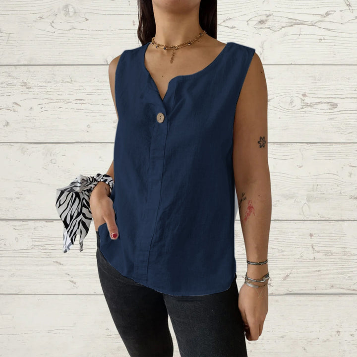Ladies lightweight linen sleeveless blouse with button details Lune London