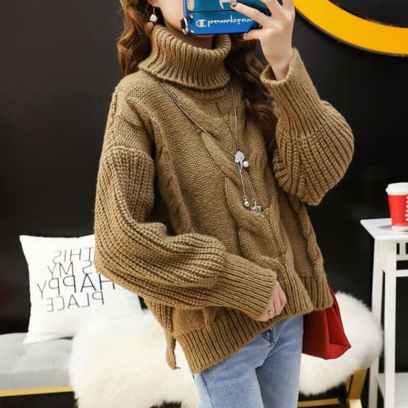Thick knit sweater for women with a high turtleneck and a modern braiding pattern Lune London